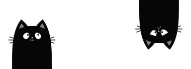 Üzgün, mutlu, siyah kedi suratlı. Kedi çizgisi afişi. Baş aşağı asılı duruyor. Komik sevimli kawaii çizgi film karakteri. Not defteri çıkartma şablonu. Mutlu Cadılar Bayramı. Düz Tasarım Beyaz Arkaplan Vektörü