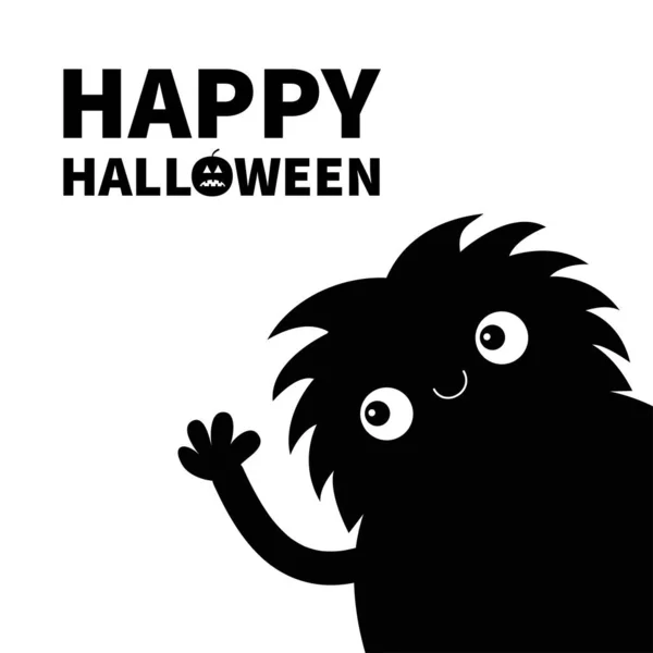 Monster Silhouette Corner Waving Hand Black Funny Cute Cartoon Kawaii — Stock Vector