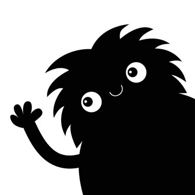 Köşede el sallayan canavar silueti. Siyah komik çizgi film kawaii komik bebek karakteri. Mutlu Cadılar Bayramı. Düz dizayn. Beyaz arka plan. İzole edilmiş. Vektör illüstrasyonu