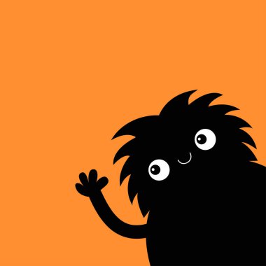 Köşede el sallayan canavar silueti. Siyah komik çizgi film kawaii komik bebek karakteri. Mutlu Cadılar Bayramı. Düz dizayn. Turuncu arka plan. İzole edilmiş. Vektör illüstrasyonu