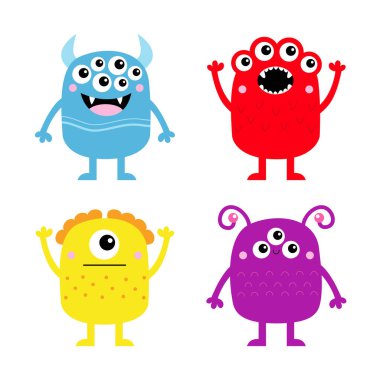 Mutlu Cadılar Bayramı. Canavar simge çizgisi pankartı. Şirin kawaii çizgi film karakteri. Komik yüzlü renkli siluet. Eller yukarı, aşağı. Gözler sivri dişli boynuz dili. Düz Tasarım Beyaz Arkaplan Vektörü