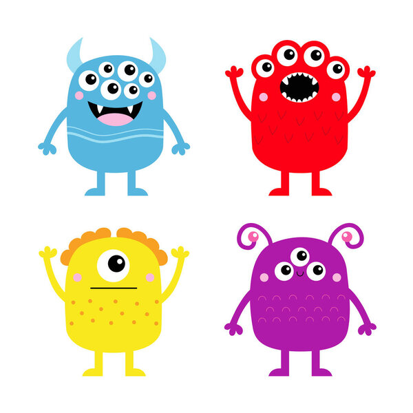 Happy Halloween. Monster set icon line banner. Cute kawaii cartoon baby character. Funny head face colorful silhouette. Hands up, down. Eyes teeth fang horn tongue. Flat design White background Vector