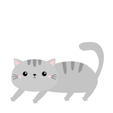Kawaii kedisi. Korkmuş kedi kemeri. Gri çizgili siluet. Sevimli çizgi film karakteri. Komik hayvan. Mutlu Cadılar Bayramı. Çıkartma izi. Beyaz arka plan. Düz dizayn. Vektör illüstrasyonu