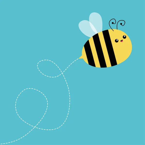 Biene Niedliche Fliegende Honigbiene Hummelkäfer Strichlinie Himmel Karikatur Kawaii Baby — Stockvektor