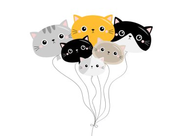 Şirin kedi balonu ikonu seti. Farklı türler. Kedi suratlı baş silueti. Komik kawaii çizgi film bebek karakteri. Sevgililer Günün kutlu olsun. Not defteri çıkartma şablonu. Düz Tasarım Beyaz Arkaplan Vektörü