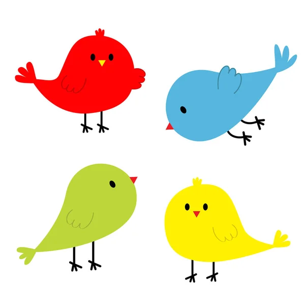 Quattro Icone Uccello Impostato Linea Carino Cartone Animato Kawaii Personaggio — Vettoriale Stock