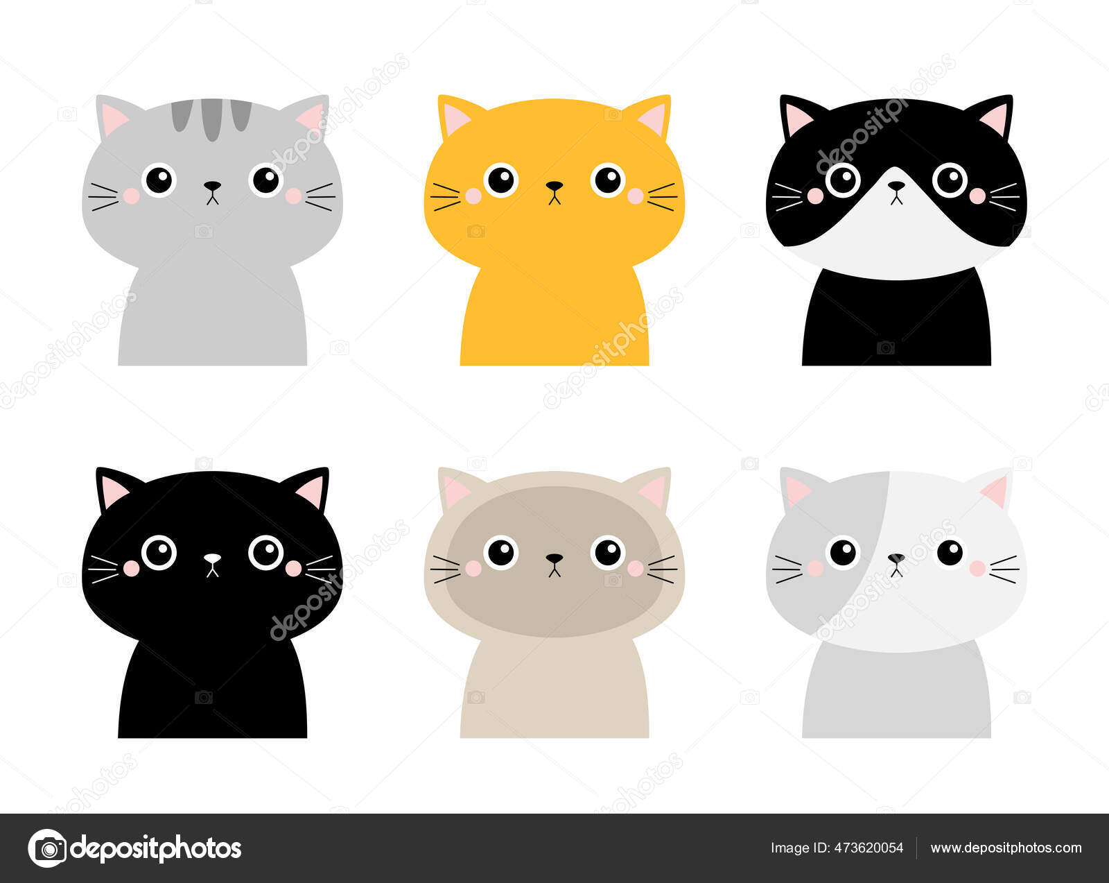 Black white cat icon set. Cute kawaii cartoon character. Funny