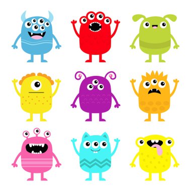 Canavar simgesi seti. Mutlu Cadılar Bayramı. Komik yüzlü renkli siluet. Tatlı çizgi film kawaii bebek karakteri. Gözleri boynuz dişli sivri dil. Eller yukarı, aşağı. Düz dizayn. Beyaz arka plan. Vektör