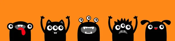 ハロウィン モンスターセットアイコンライン かわいいかわいい漫画の赤ちゃんのキャラクター 面白い顔の頭の黒いシルエット 目は角の舌を牙 手を上げて フラットデザイン オレンジの背景 ベクターイラスト — ストックベクタ