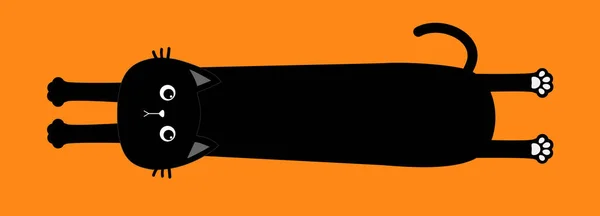 かわいい黒猫 ハロウィン 漫画の赤ちゃんのキャラクター 足のプリントで長い体 面白い顔の頭のシルエット カワイイ動物 ペットコレクション フラットデザイン 隔離されたオレンジの背景ベクトル — ストックベクタ