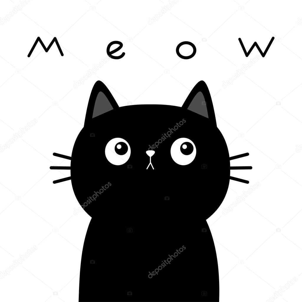 Black cat kitten face head body. Meow. Kawaii baby pet animal. Cute cartoon character. Scandinavian style. Notebook cover, tshirt, greeting card print. Flat design. White background. Vector
