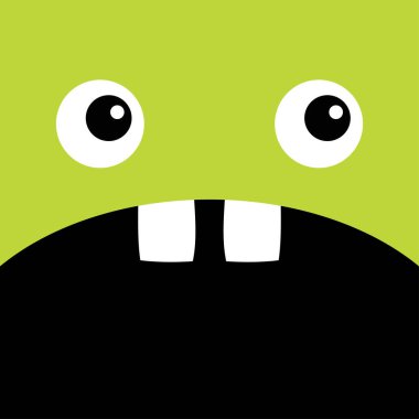Canavar kafası. Şirin çizgi film Boo Spooky Çığlık atan yüz hissi. Gözler, sivri dişler, fare. Kare kafa. Mutlu Cadılar Bayramı kartları. Düz tasarım tarzı. Yeşil arka plan. Vektör illüstrasyonu