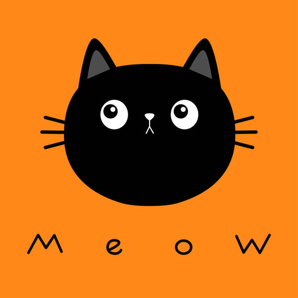 Black kitten cat round head face looking. Meow. Kawaii baby pet animal. Cute cartoon character. Scandinavian style. Notebook cover, tshirt, greeting card print. Flat design. Orange background. Vector