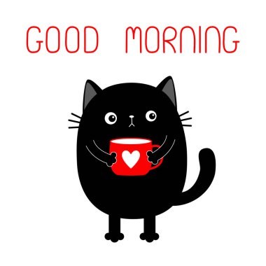 Kedi yavrusu kahve fincanının kalbini tutuyor. İyi sabahlar. Üzgün, huysuz, kötü duygu ifadesi. Sevimli çizgi film kedisi karakteri. Kawaii komik hayvan. Tebrik kartı. Düz dizayn. Beyaz arka plan izole edildi. Vektör