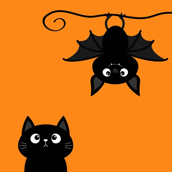 Cute Hanging Bat Black Cat Kitten Kitty Looking Happy Halloween — Stockvector