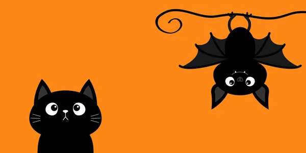 Murciélago Colgante Gato Negro Gatito Mirando Hacia Arriba Feliz Banner — Vector de stock
