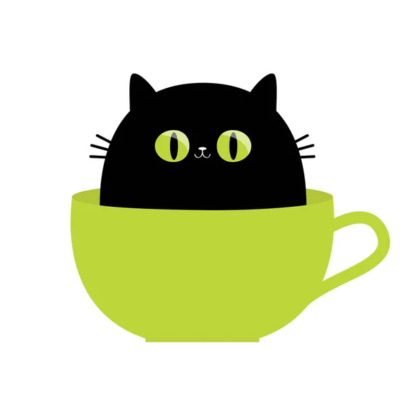 Gato Taza Café Grandes Ojos Verdes Silueta Negra Lindo Personaje — Archivo Imágenes Vectoriales