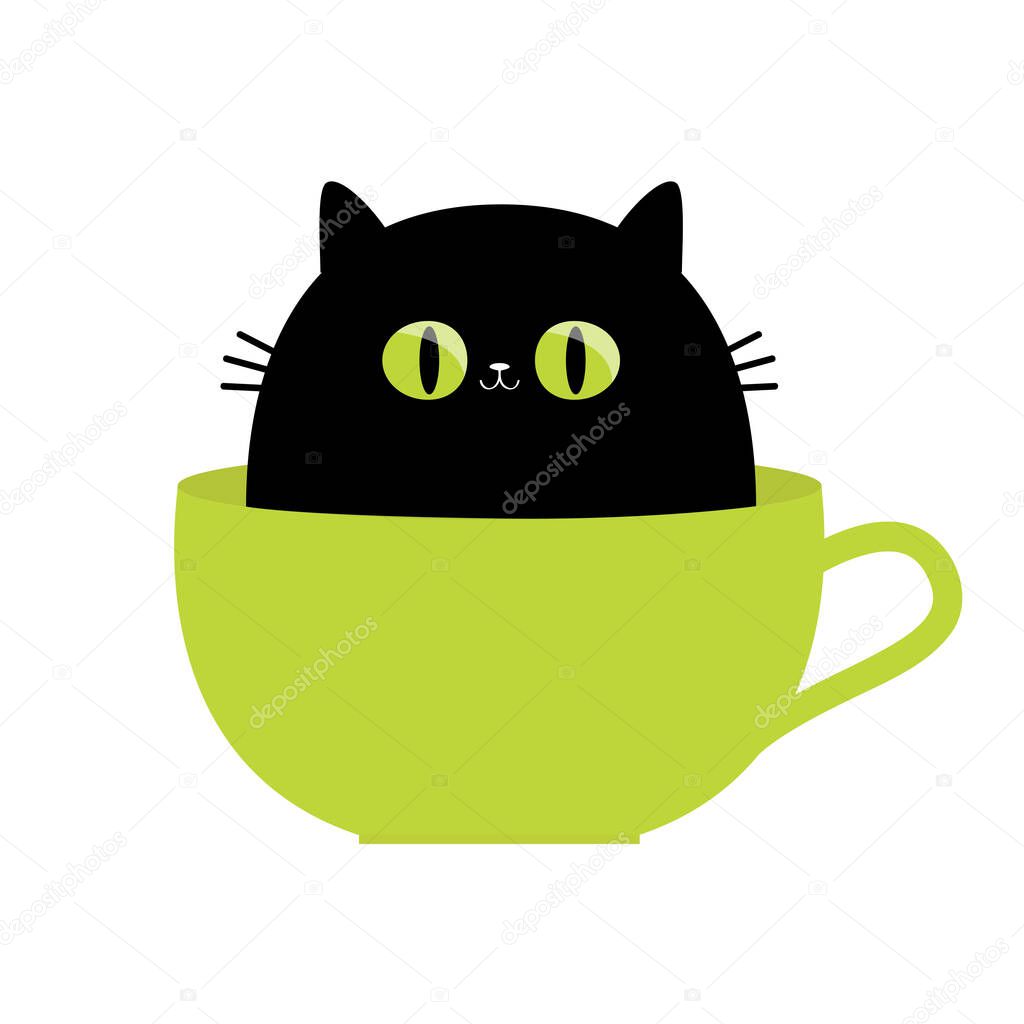 Cat in tea coffee cup. Big green eyes. Black silhouette. Cute cartoon funny character. Moustaches. Baby pet animal collection. Sticker tshirt print template. Flat design. White background. Vector