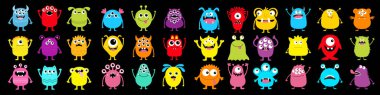 Canavar süper büyük ikon seti. Mutlu Cadılar Bayramı. Komik yüzlü renkli siluet. Tatlı çizgi film kawaii bebek karakteri. Gözleri boynuz dişli sivri dil. Eller yukarı, aşağı. Düz dizayn. Siyah arka plan. Vektör