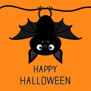 Asılı güzel yarasa. Mutlu Cadılar Bayramı. Çizgi film kawaii komik bebek hayvan charater. Tebrik kartı. Düz dizayn. Turuncu arka plan. İzole edilmiş. Vektör illüstrasyonu.