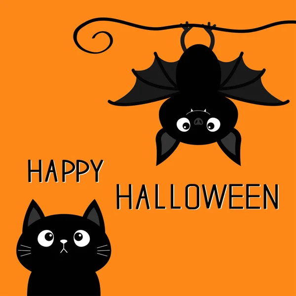 Feliz Halloween Lindo Murciélago Gato Negro Gatito Mirando Hacia Arriba — Archivo Imágenes Vectoriales