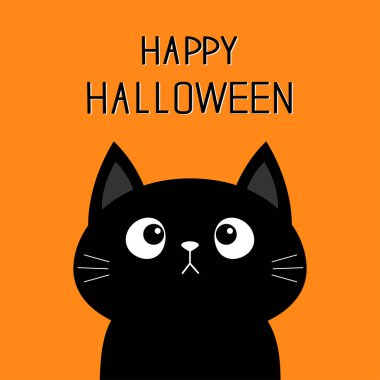 Mutlu Cadılar Bayramı. Kara kedi kedicik kafası yukarı bakıyor. Sevimli çizgi film karakteri. Evcil bebek koleksiyonu. Tebrik kartı. Düz dizayn. Turuncu arka plan. İzole edilmiş. Vektör