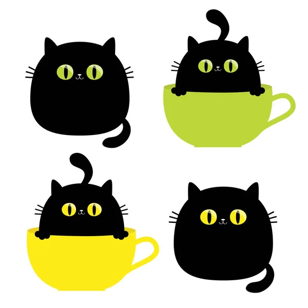 Cat Set Tea Coffee Cup Yellow Green Eyes Paw Hands — Stock Vector