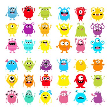 Canavar ikonu süper büyük set. Mutlu Cadılar Bayramı. Tatlı çizgi film kawaii bebek karakteri. Komik yüzlü renkli siluet. Gözleri boynuz dişli sivri dil. Eller yukarı, aşağı. Düz dizayn. Beyaz arka plan. Vektör