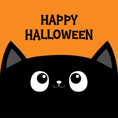 Kara kedi kedicik kafası yukarı bakıyor. Mutlu Cadılar Bayramı. Kemik yazı tipi. Kemik harfi tipi. Sevimli çizgi film karakteri. Evcil bebek koleksiyonu. Tebrik kartı. Düz dizayn. Turuncu arka plan. İzole edilmiş. Vektör