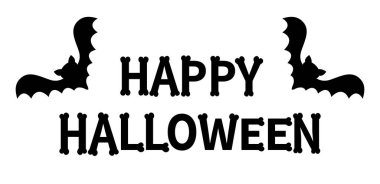 Mutlu Cadılar Bayramı. Kemik yazı tipi. Kemik harfi tipi. İki yarasa uçan siyah siluet simgesi seti. Açık kanatlı şirin bir çizgi film karakteri. Düz dizayn. Beyaz arka plan. Tebrik kartı. Vektör