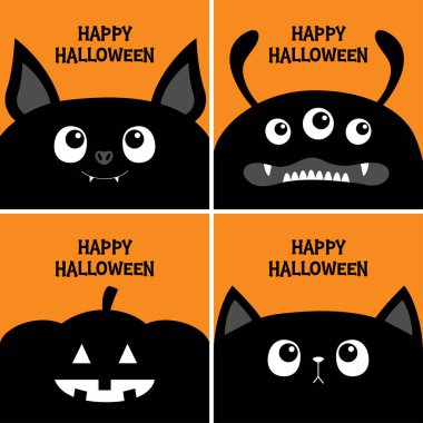 Kara kedi kedicik kafası, yarasa, canavar, balkabağı seti. Mutlu Cadılar Bayramı. Kemik yazı tipi. Kemik harfi tipi. Sevimli çizgi film karakteri. Tebrik kartı. Düz dizayn. Turuncu arka plan. İzole edilmiş. Vektör