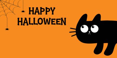 Köşeden gizlice bakan bir kedi. Şirin kawaii çizgi filmindeki bebek evcil hayvan. Kemik yazı tipi. Örümcek ağı. Siyah kedi surat yukarı bakıyor. Mutlu Cadılar Bayramı. Tebrik kartı baskısı. Düz dizayn. Turuncu arkaplan vektörü