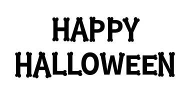 Mutlu Cadılar Bayramı. Kemik yazı tipi. Kemik harfi tipi. Şablon izi. Düz dizayn. Beyaz arka plan. İzole edilmiş. Tebrik kartı. Vektör illüstrasyonu