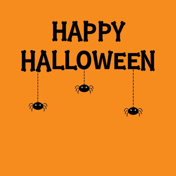 Spider Set Hanging Dash Line Web Happy Halloween Bones Text — Stock Vector