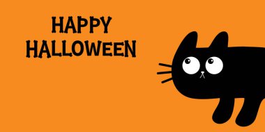 Köşeden gizlice bakan bir kedi. Şirin kawaii çizgi filmindeki bebek evcil hayvan. Mutlu Cadılar Bayramı. Kemik yazı tipi. Kemik harfi tipi. Siyah kedi suratlı yukarı bakıyor. Tebrik kartı baskısı. Düz tasarım Turuncu Arkaplan Vektörü