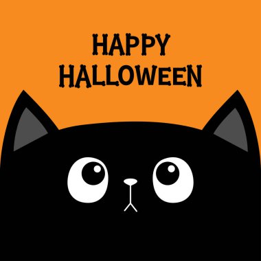 Mutlu Cadılar Bayramı. Kara kedi kedicik kafası yukarı bakıyor. Kemik yazı tipi. Kemik harfi tipi. Sevimli çizgi film karakteri. Evcil bebek koleksiyonu. Tebrik kartı. Düz dizayn. Turuncu arka plan. İzole edilmiş. Vektör
