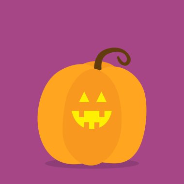 Mutlu Cadılar Bayramı. Balkabağım. Komik, ürkütücü, gülümseyen surat. Parlayan gözler. Tatlı çizgi film kawaii bebek karakteri. Sarı mum ışığı. Tebrik kartı. Düz dizayn. Violet geçmişi. İzole edilmiş. Vektör