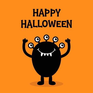 Mutlu Cadılar Bayramı. Canavar siyah siluet. Beş göz, sivri diş. Kemik yazı tipi. Kemik harfi tipi. Şirin kawaii çizgi film karakteri. Bebek koleksiyonu. Düz dizayn. Turuncu arka plan. Vektör