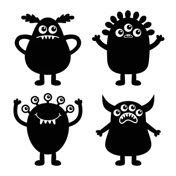 Frohes Halloween Monster Icon Set Lustige Gesicht Kopf Körper Schwarze — Stockvektor