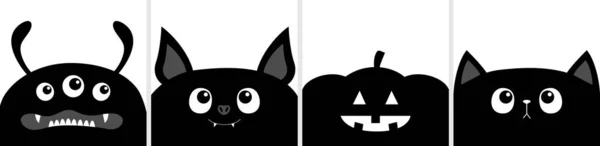 Batte Noire Tête Chat Monstre Ligne Citrouille Mignon Personnage Dessin — Image vectorielle