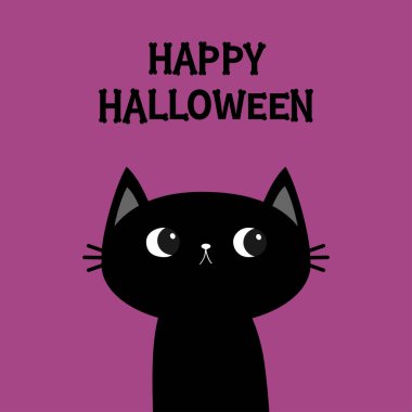 Kara kedi kedicik kafası. Mutlu Cadılar Bayramı. Kemik yazı tipi. Kemik harfi tipi. Tatlı çizgi film karakteri Kawaii. Evcil bebek koleksiyonu. Tebrik kartı. Düz dizayn. Violet geçmişi. İzole edilmiş. Vektör