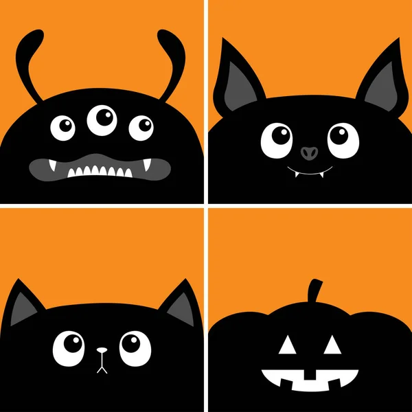 Zwarte Kat Kattekop Vleermuis Monster Pompoen Set Fijne Halloween Leuke — Stockvector