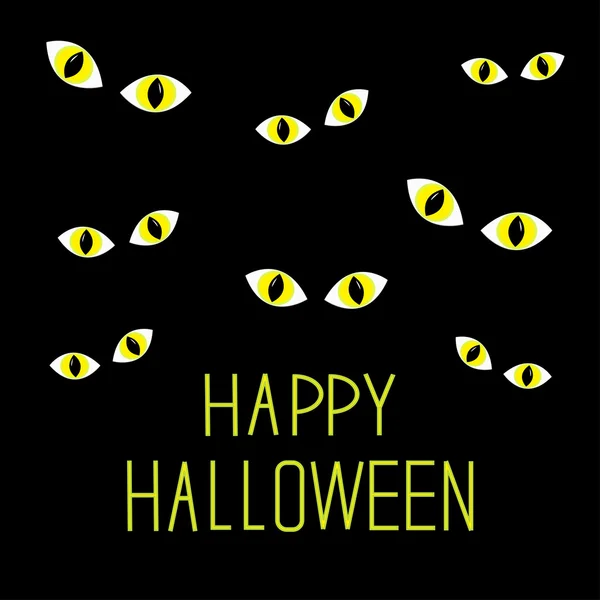 Many cat eyes in dark night. Happy Halloween card. — Stock Vector