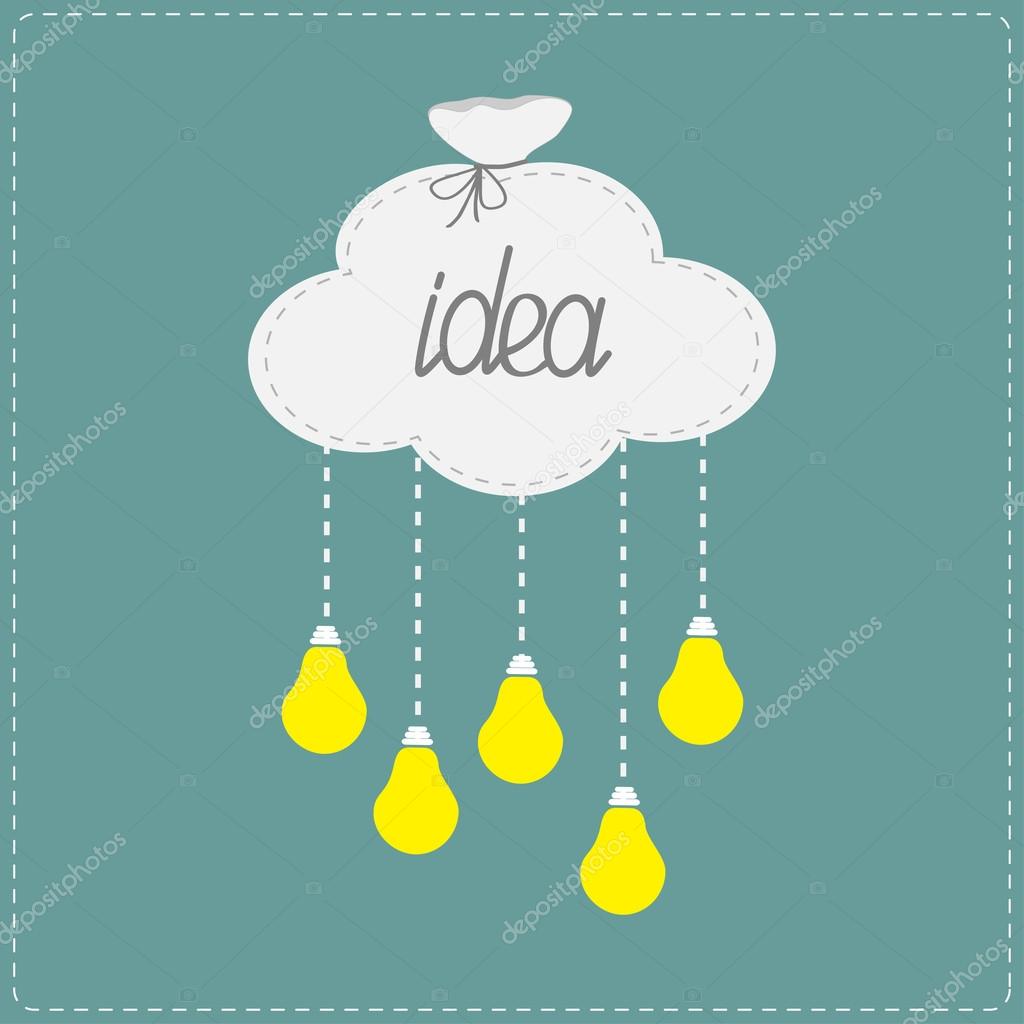 Cloud in shape of bag and hanging light bulbs. Innovation idea concept.