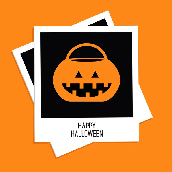 Instant foto met truc of behandelen pompoen emmer. Gelukkig halloween-kaart. — Stockvector