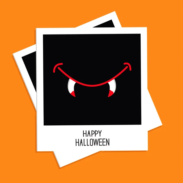 Instant photo with Vampire mouth fangs. Happy Halloween card. — Stock Vector