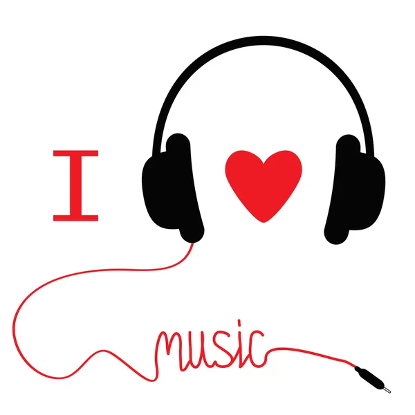 Kopfhörer mit roter Kordel und Herz. ich liebe Musikkarte. — Stockvektor