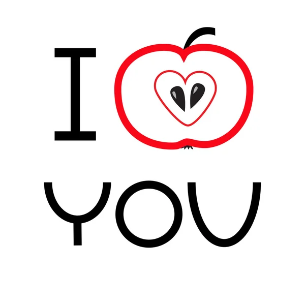 Kırmızı elma kalp şeklinde. Sen kartı seviyorum. — Stok Vektör