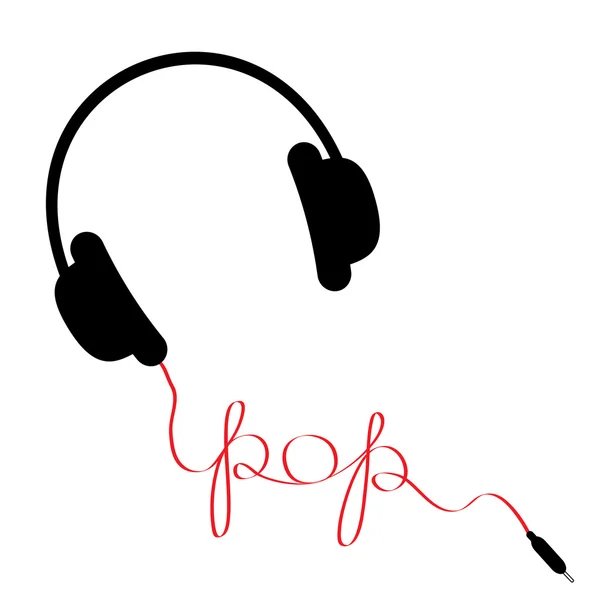 Černá sluchátka s červeným kabelem v tvaru slovo, popová — Stockový vektor