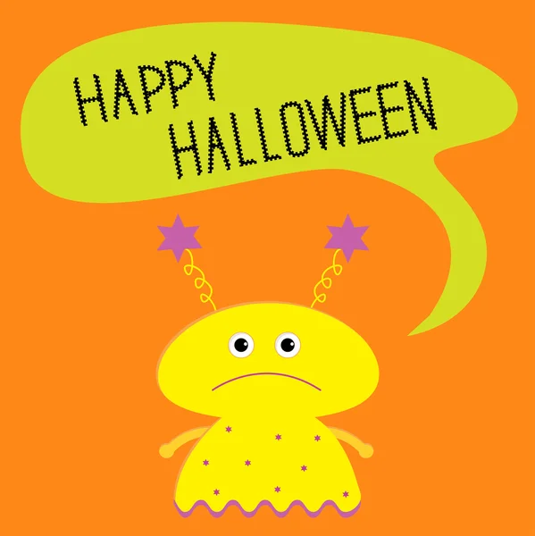 Niedliches gelbes Monster mit Sprechblase. Glückliche Halloween-Karte — Stockvektor